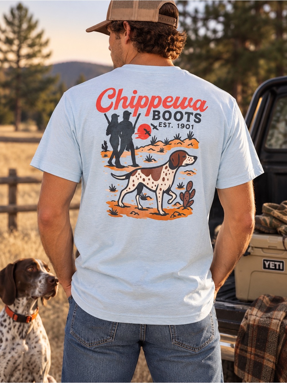 NWT Chippewa Boots Men's L Pointer Hunting Dog Graphic Tee Light Blue #1142